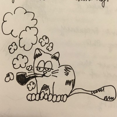 pen and ink drawing of garfield smoking a pipe