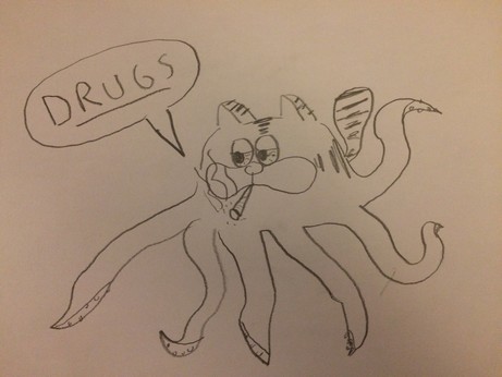 pencil drawing of garfield but he is an octopus smoking a blunt and saying DRUGS, underlined
