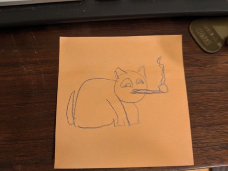 pencil or possibly crayon drawing of a cat that could be garf smoking a pipe
