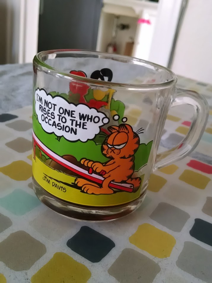 angled photo of a mug with garfield sitting on a seesaw. he is thinking 'i'm not one who rises to the occasion'